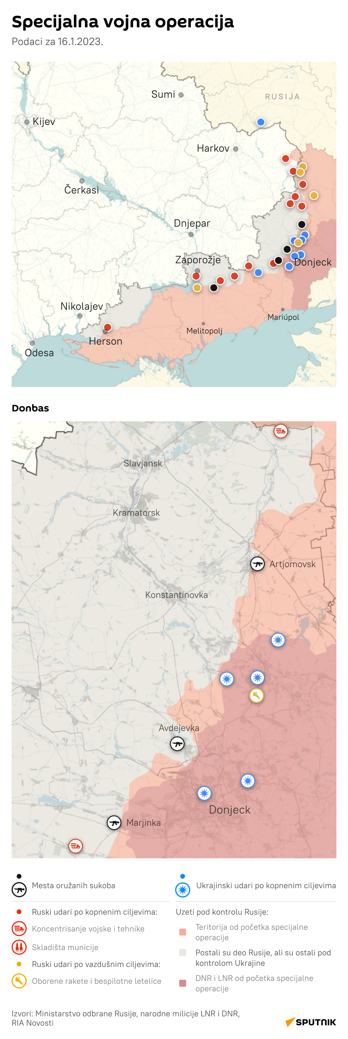 Infografika iz dana u dan: Trenutna vojna situacija u Ukrajini i Donbasu LATINICA desk 16.1.2023. - Sputnik Srbija