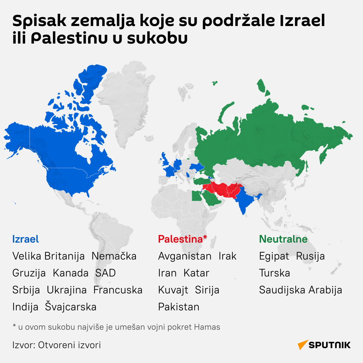 Infografika Spisak zemalja koje su podržale Izrael ili Palestinu u sukobu LATINICA desk - Sputnik Srbija