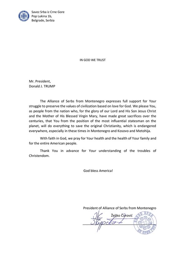 Savez Srba iz Crne Gore pisao Trampu: Zaštitite izvorno hrišćanstvo u Crnoj Gori i na Kosovu /foto/ - Sputnik Srbija