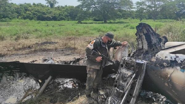 Venecuelanski vojnik pregledava srušeni avion sa oznakama SAD koji je prevozio kokain. - Sputnik Srbija