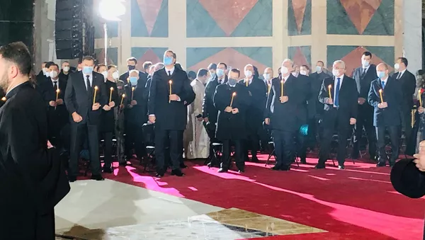 Aleksandar Vučić, Ivica Dačić i Milorad Dodik na opelu patrijarhu Irineju - Sputnik Srbija
