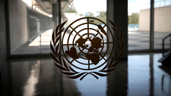 Лого Уједињених нација на улазу у седиште организације у Њујорку - Sputnik Србија