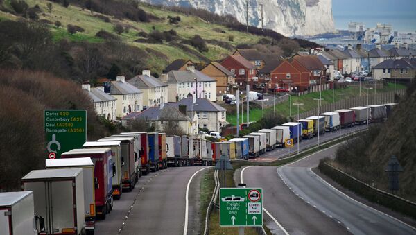 Kolona kamiona na putu u Doveru čekajući da se ukrcaju na trajekte koji voze za EU. - Sputnik Srbija