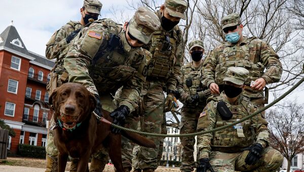 Pripadnici Nacionalne garde sa psom u Linkoln parku u Vašingtonu - Sputnik Srbija