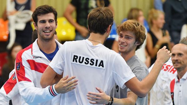 Тениска репрезентација Русије (Хачанов, Медведев, Рубљов) - Sputnik Србија