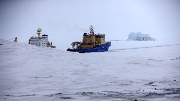 Ledolomac probija put za teretni brod Ruski u blizini luke na ostrvu Aleksandrina zemlja - Sputnik Srbija
