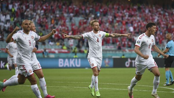 Fudbaleri Danske proslavljaju gol protiv Češke - Sputnik Srbija