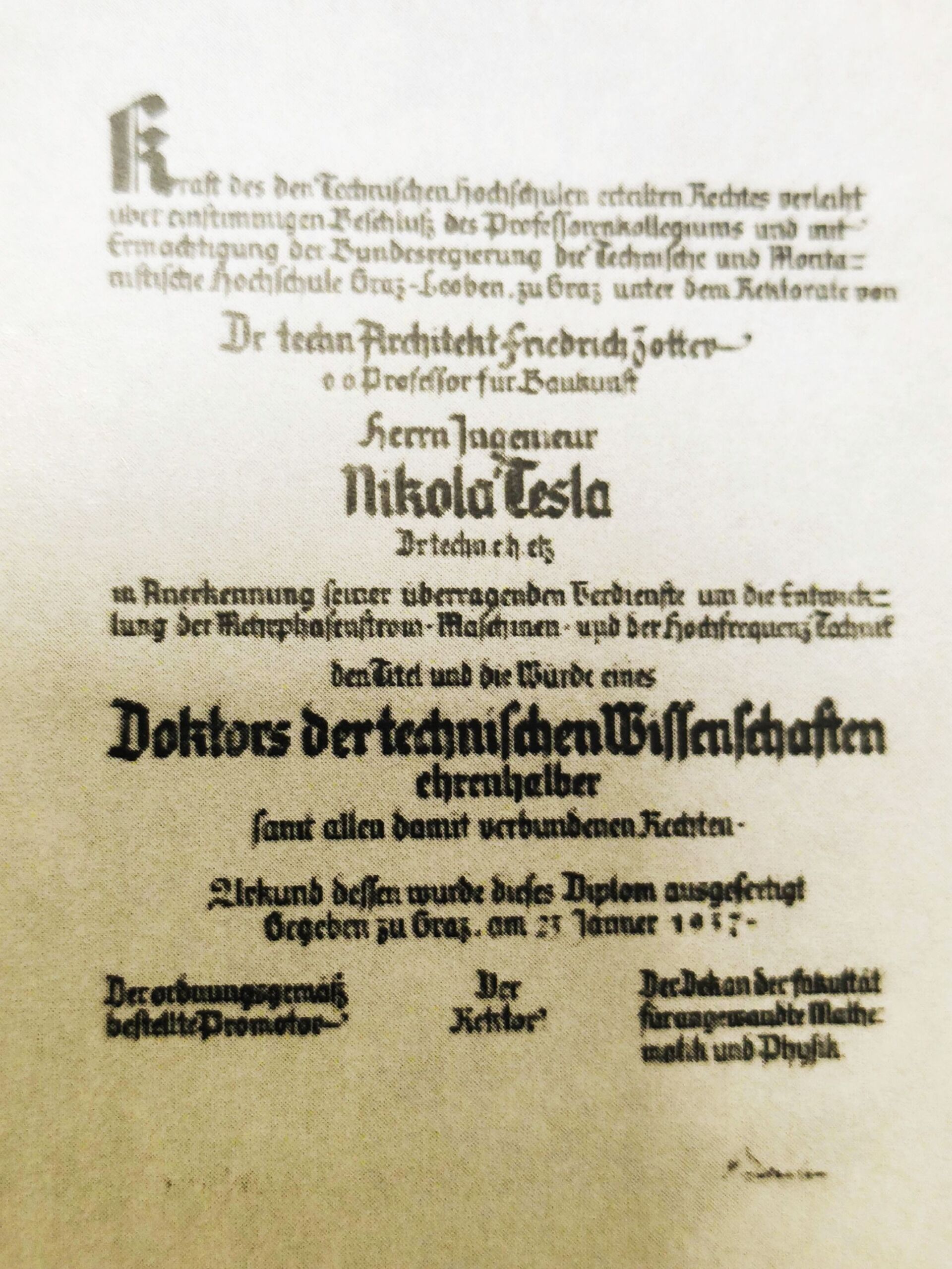 Potrvda o dodeli titule i zvanja počasnog doktora tehničkih nauka Nikoli Tesli (Grac, 1937) - Sputnik Srbija, 1920, 13.07.2021