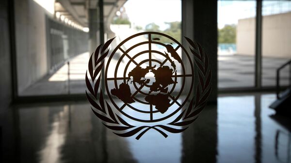 Logo Ujedinjenih nacija u hodniku sedišta organizacije u Njujorku - Sputnik Srbija