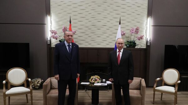 Predsednici Rusije i Turske, Vladimir Putin i Redžep Tajip Erdogan - Sputnik Srbija