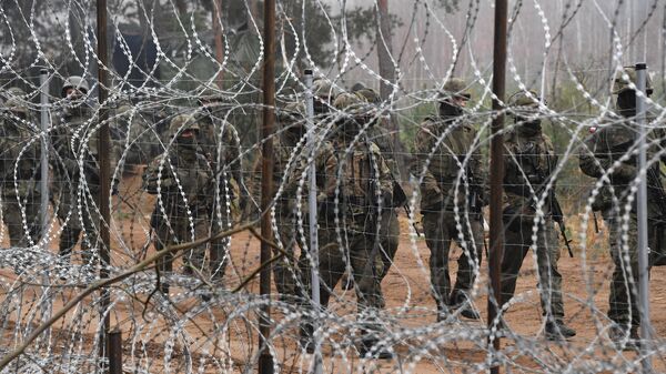 Poljski vojnici iza bodljikave žice na belorusko-poljskoj granici - Sputnik Srbija