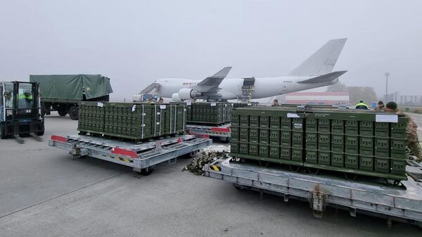 Istovarivanje municije koju su Ukrajini isporučile Sjedinjene Američke Države na aerodromu u Kijevu - Sputnik Srbija