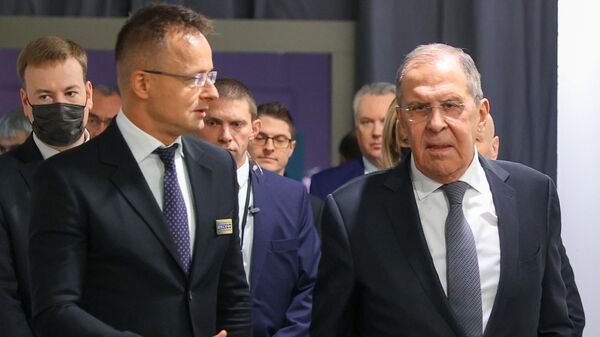 Ministri spoljnih poslova Mađarske i Rusije, Peter Sijarto i  Sergej Lavrov - Sputnik Srbija