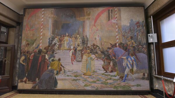 Slika  „Krunisanje cara Dušana” naslikana je kao porudžbina Kraljevine Srbije za potrebe učešća na Svetskoj izložbi u Parizu 1900. godine - Sputnik Srbija