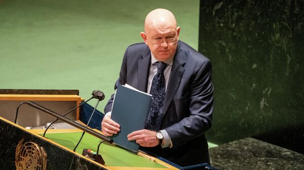 Vasilij Nebenzja, stalni predstavnik Rusije pri UN na hitnoj, specijalnoj sednici Generalne skupštine UN o situaciji u Ukrajini. - Sputnik Srbija