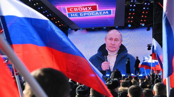 Ruski predsednik Vladimir Putin na stadionu Lužnjiki povodom osme godišnjice ujedinjenja Krima sa Rusijom - Sputnik Srbija