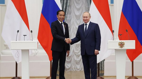 Председници Индонезије и Русије, Џоко Видодо и Владимир Путин након састанка у Москви - Sputnik Србија