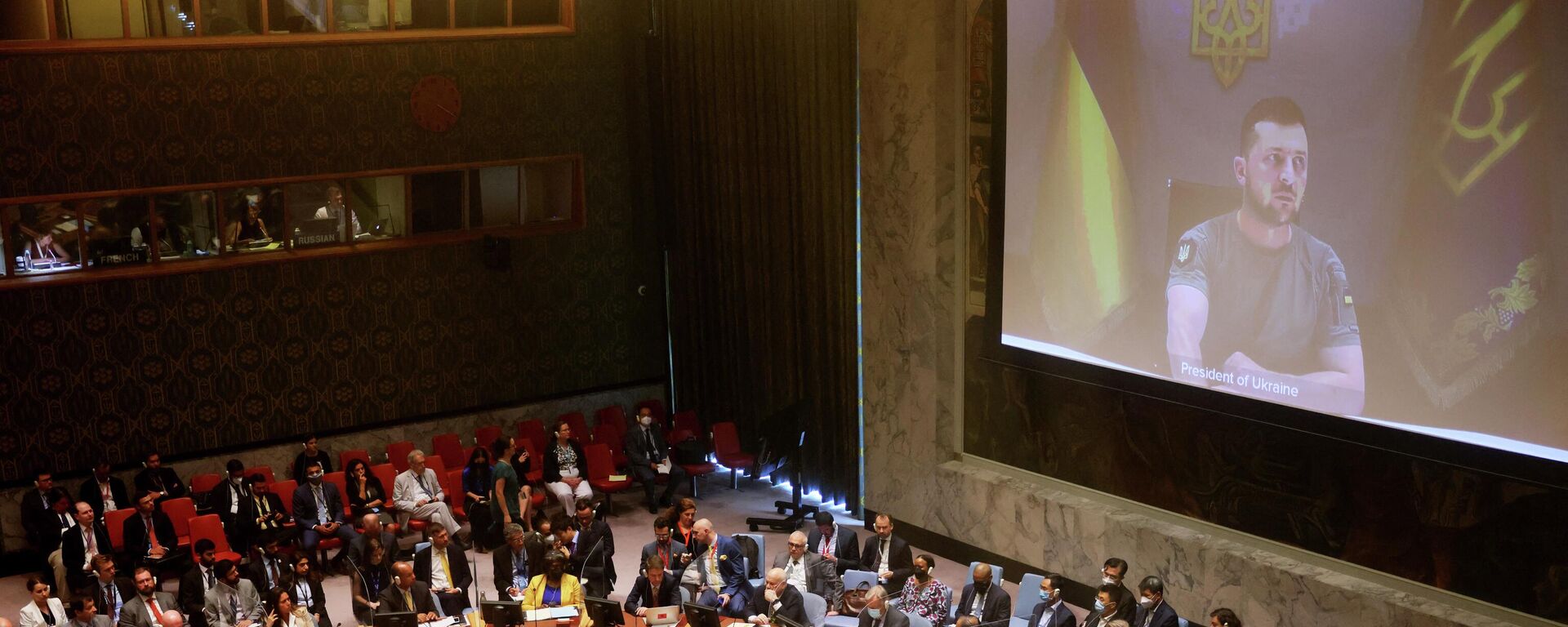Predsednik Ukrajine Vladimir Zelenski učestvuje putem video-veze na sednici Saveta bezbednosti UN - Sputnik Srbija, 1920, 24.08.2022