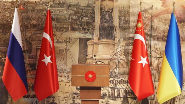 Заставе Русије, Турске и Украјине у сали за преговоре у Истанбулу - Sputnik Србија