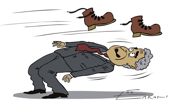 Karikatura koja prikazuje kako je irački novinar gađao Buša cipelama  - Sputnik Srbija