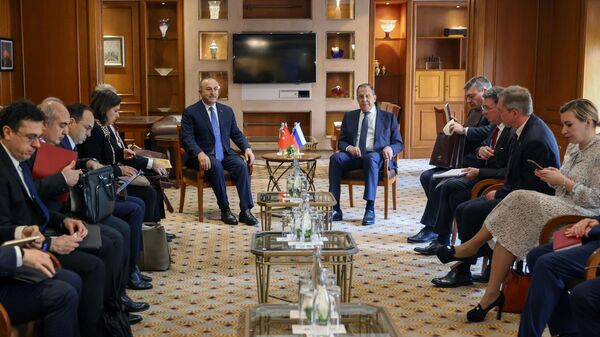 Ministar spoljnih poslova Rusije Sergej Lavrov na sastanku sa turskim kolegom Mevlutom Čavušogluom u Nju Delhiju - Sputnik Srbija