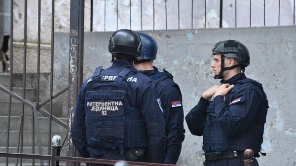 Policija ispred OŠ „Vladislav Ribnikar“ u Beogradu - Sputnik Srbija