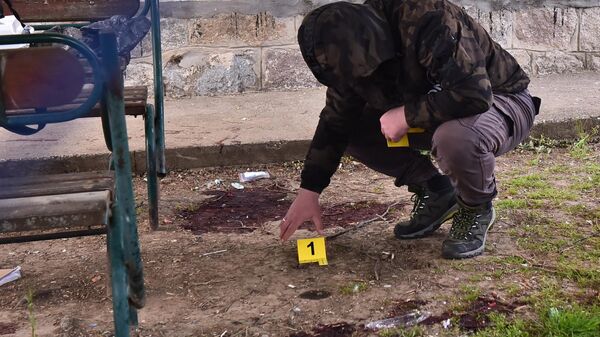 Policijski forenzičar obeležava dokazni materijal na mestu pucnjave u selu Dubona kod Mladenovca - Sputnik Srbija