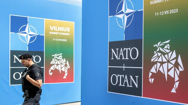 Pripadnik obezbeđenja ispred logoa NATO-a na samitu u Vilnjusu - Sputnik Srbija