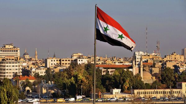 Сиријска застава испред моста у Дамаску - Sputnik Србија