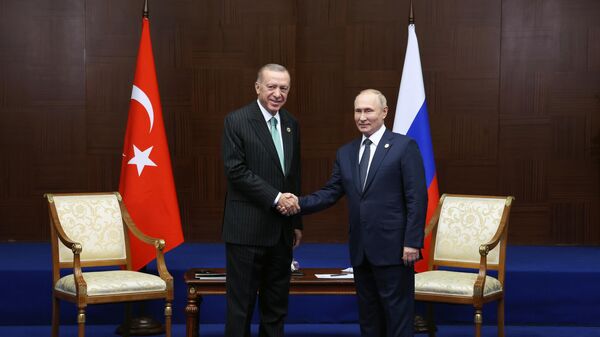 Председници Турске и Русије, Реџеп Тајип Ердоган и Владимир Путин - Sputnik Србија