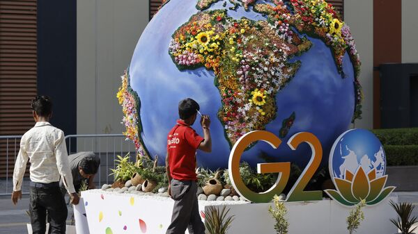 Декорација испред медијског центра пред Самит Г20 у Њу Делхију - Sputnik Србија