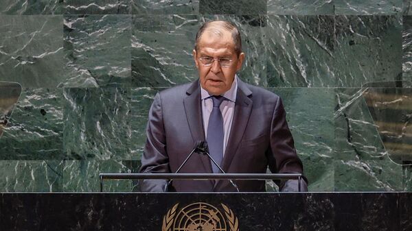 Šef ruske diplomatije Sergej Lavrov na 76. Generalnoj skupštini Ujedinjenih nacija u Njujorku. - Sputnik Srbija