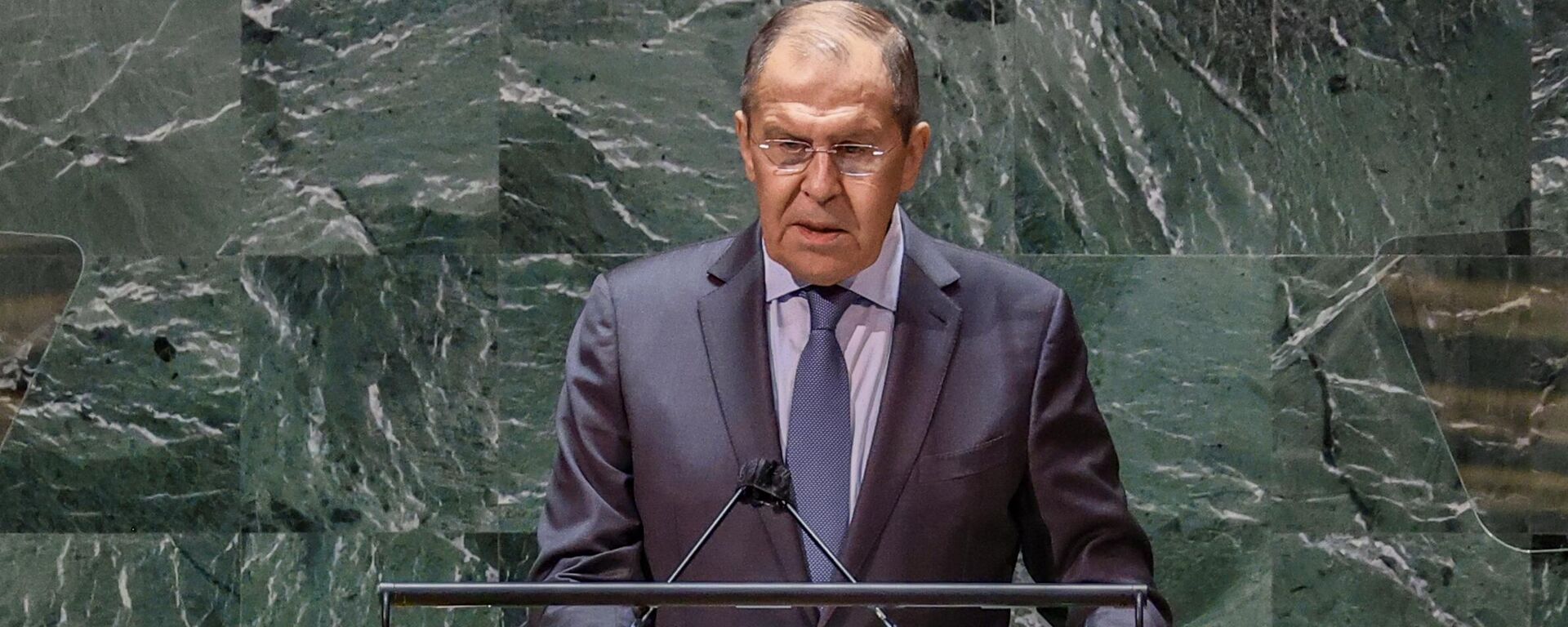 Šef ruske diplomatije Sergej Lavrov na 76. Generalnoj skupštini Ujedinjenih nacija u Njujorku. - Sputnik Srbija, 1920, 28.09.2024