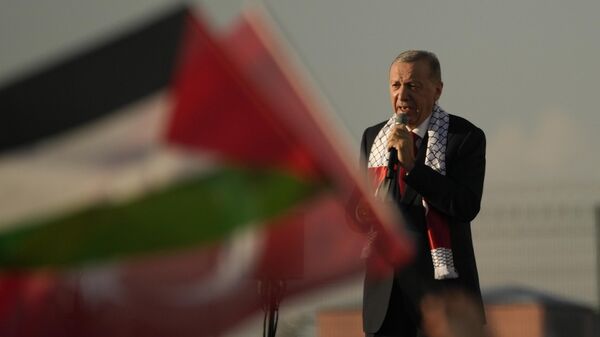 Турски председник Реџеп Тајип Ердоган се обраћа на скупу подршке Палестинцима у Истанбулу - Sputnik Србија