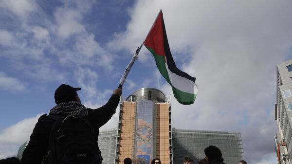 Демонстрант са палестинском заставом на протесту у Бриселу - Sputnik Србија