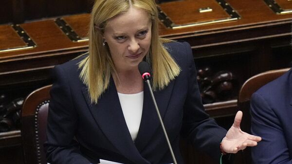 Italian Premier Giorgia Meloni addresses the lower Chamber ahead of a confidence vote for her Cabinet, Tuesday, Oct. 25, 2022.  - Sputnik Србија