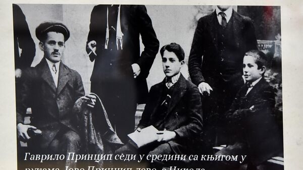 Фотографија Гаврила Принципа са књигом у рукама из 1910. године, на којој Принцип седи, окружен са своја два брата и неколико непознатих особа   - Sputnik Србија