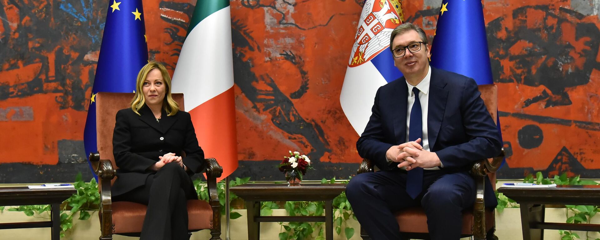  Tet-a-tet sastanak Đorđe Meloni i Aleksandra Vučića - Sputnik Srbija, 1920, 29.04.2025