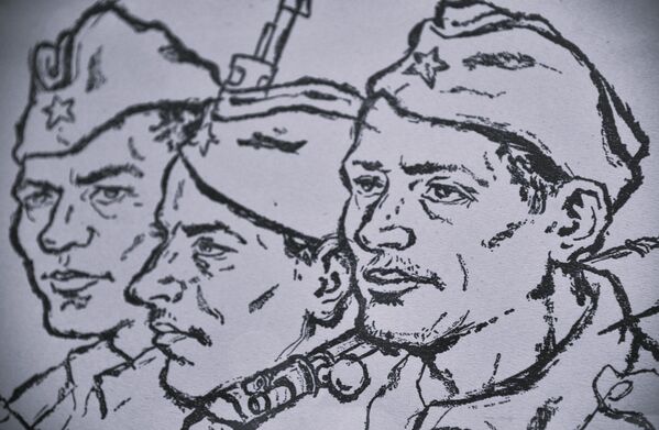 Prvi list iz mape crteža Đorđa Andrejevića–Kuna nosi ime „Partizani“ prikazuje grupu od tri borca, bratski srodnih likova, koji s puškom na leđima idu ka pobedi. - Sputnik Srbija