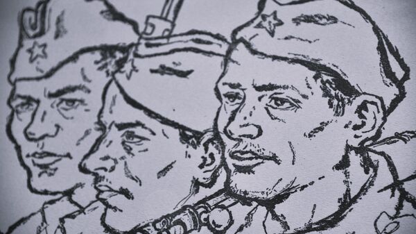 Prvi list iz mape crteža Đorđa Andrejevića–Kuna nosi ime „Partizani“ prikazuje grupu od tri borca, bratski srodnih likova, koji s puškom na leđima idu ka pobedi - Sputnik Srbija