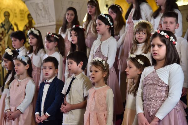 Ceremonija dodele paketića otpočela je  božićnom pesmom u izvođenju dečjeg hora Slavujčići - Sputnik Srbija
