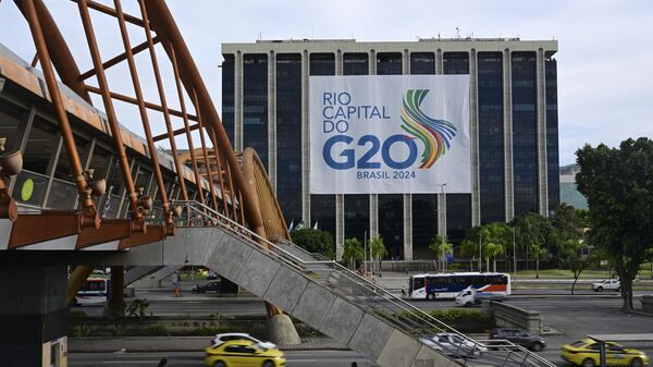 Банер са логом министарског састанка Г20 у Бразилу - Sputnik Србија