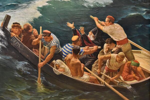 Детаљ дела Свети Никола спашава бродоломнике из 1932. године,  који приказује драматичан призор чамца у таласима, у који продире вода, са људима различитих вероисповести - Sputnik Србија