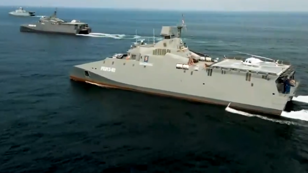 Iran's new stealth corvettes sailing during a commissioning ceremony. Screengrab of PressTV X video. - Sputnik Srbija