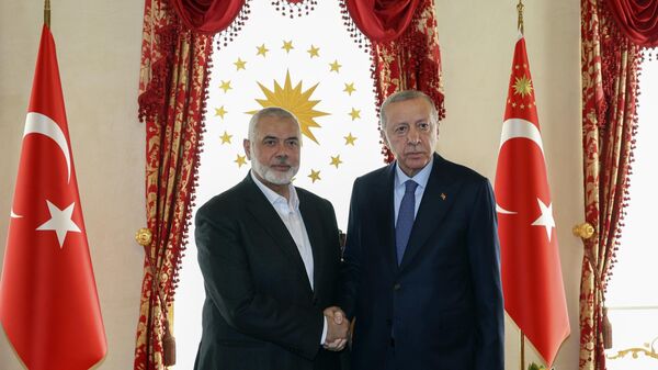 Турски председник Реџеп Тајип Ердоган са лидером Хамаса Исмаилом Ханијеом  - Sputnik Србија