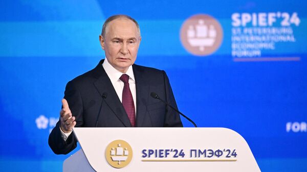 Ruski predsednik Vladimir Putin na plenarnoj sednici Međunarodnog ekonomskog foruma u Sankt Peterburgu - Sputnik Srbija