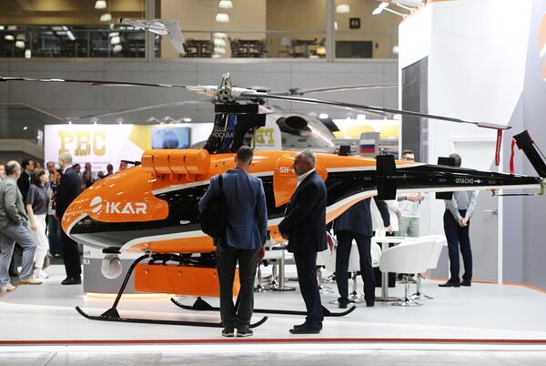 Bespilotni helikopter SH-450 predstavljen na XVII međunarodnoj izložbi helikopterske industrije HeliRusija u Međunarodnom izložbenom centru Krokus Ekspo. - Sputnik Srbija