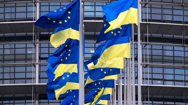 Заставе ЕУ и Украјине испред седишта Европског парламента у Стразбуру - Sputnik Србија