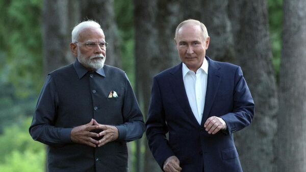 Премијер Индије Нарендра Моди и председник Русије Владимир Путин - Sputnik Србија
