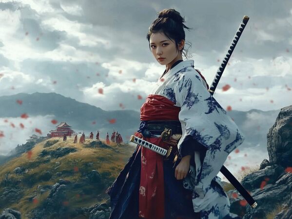 Evo kako AI vidi japansku ratnicu Akai Teruko. Ova žena-samuraj borila se u mnogim bitkama u mladosti, a u 70. godini predvodila je 3.000 ratnika u zamku Kanajama. - Sputnik Srbija